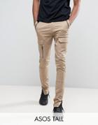 Asos Tall Super Skinny Fit Pants With Zip Cargo Pockets In Stone - Stone