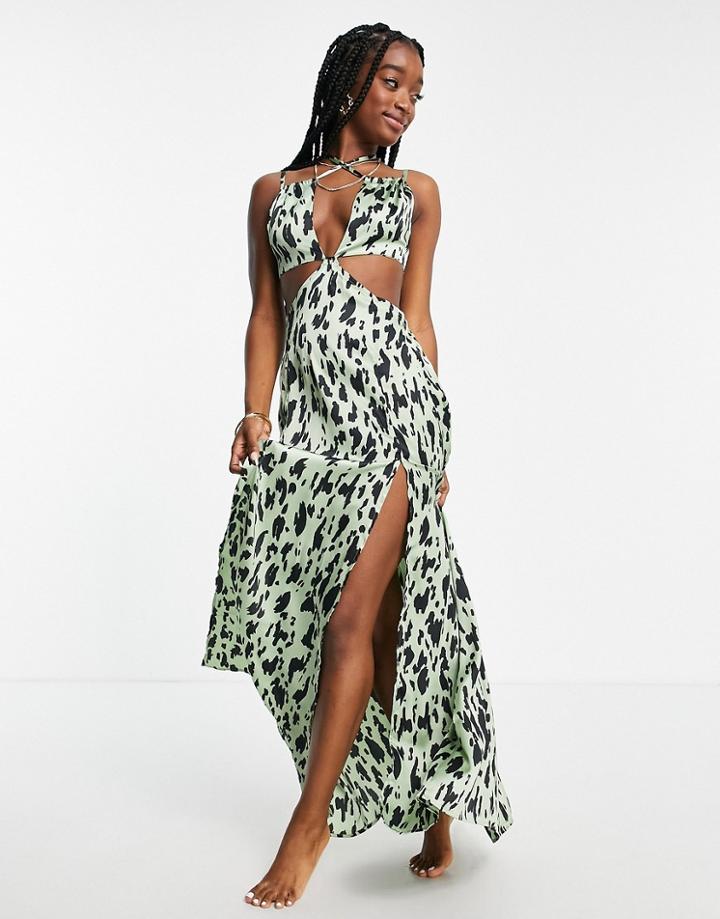 Asos Design Cut Out Maxi Beach Dress In Khaki Animal-multi