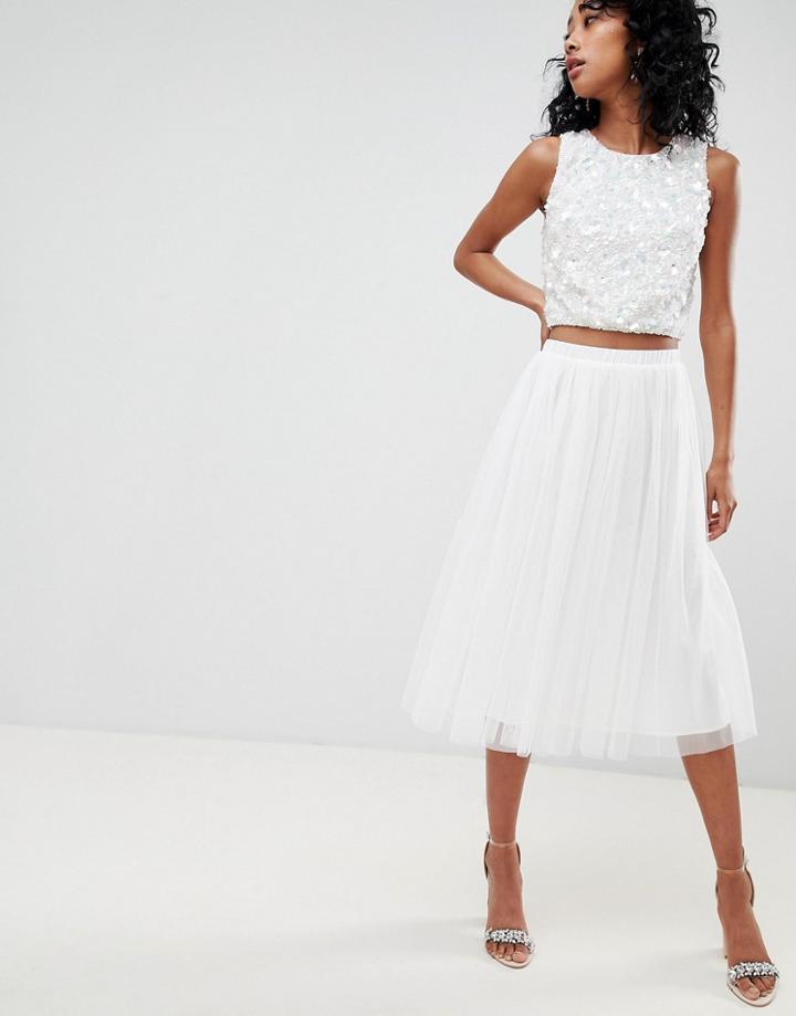 Lace & Beads Tulle Midi Skirt In White - White