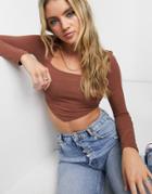 Asos Design Square Neck Crop Top With Scarf Hem In Tobacco-brown