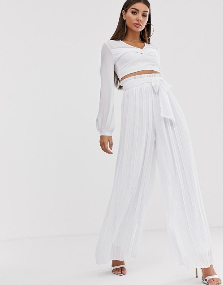 Tfnc Pleated Wide Leg Pants Two-piece With Tie Waist In White
