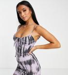 Asos Design Petite Strappy Mini Dress With Ruched Bust Detail In Purple Tie Dye-multi