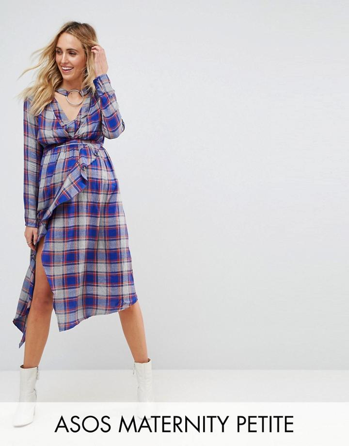 Asos Maternity Petite Nursing Check Dress With Ruffle Front And Collar Detail - Multi