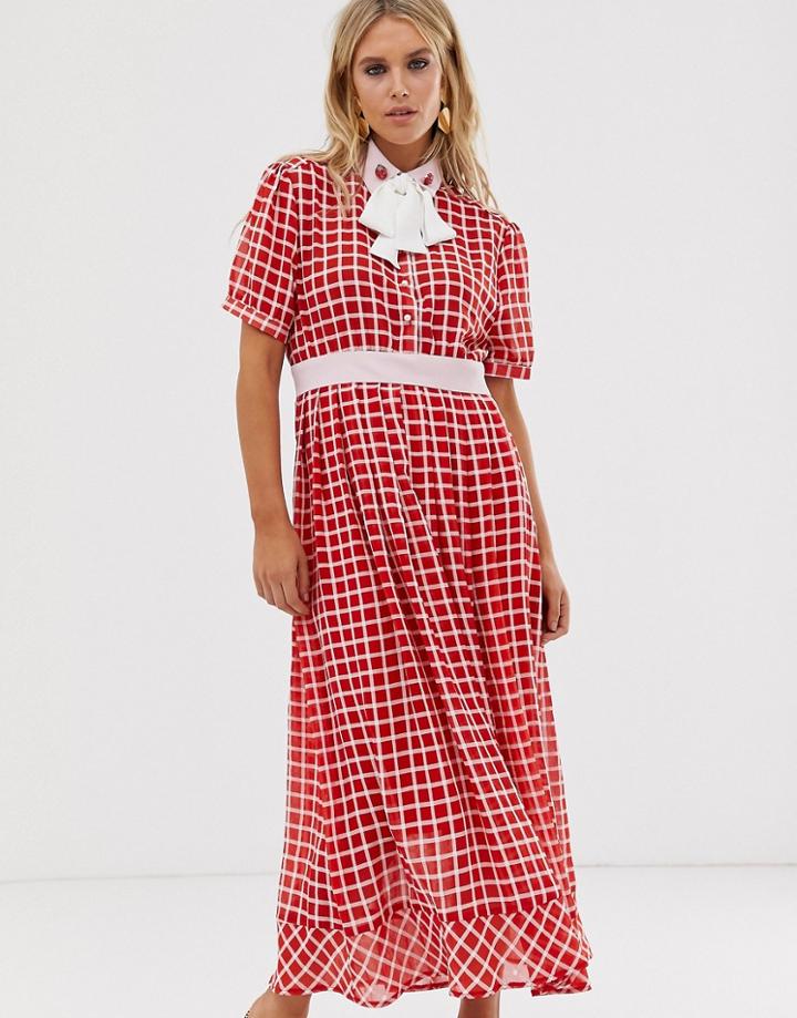 Sister Jane Midaxi Dress With Ladybird Embellished Pussybow In Grid Check - Red