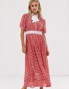 Sister Jane Midaxi Dress With Ladybird Embellished Pussybow In Grid Check - Red