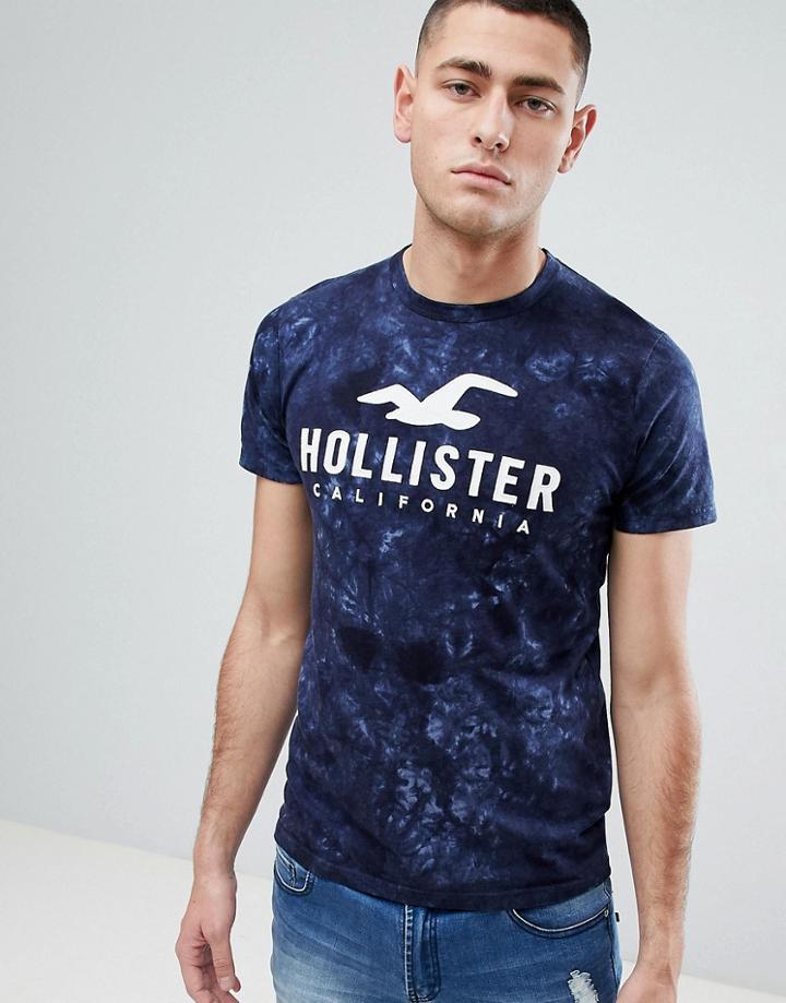 Hollister Iconic Applique Logo Acid Wash T-shirt In Blue - Blue