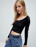 Pull & Bear Scoop Neck Long Sleeved Crop Top In Black - Black