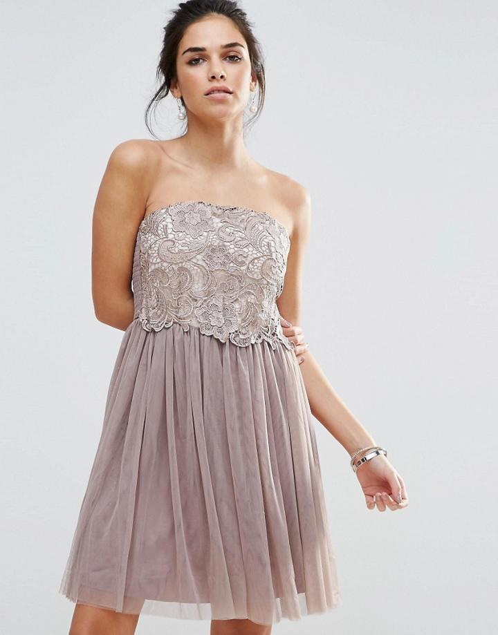Little Mistress Lace Overlay Bandeau Prom Dress - Gray