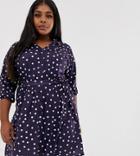 Pink Clove Shirt Dress With Balloon Sleeves And Tie Waist In Polka Dot Print - Navy