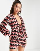 Asos Design Plunge Wrap Mini Dress In 70s Geo Print-multi