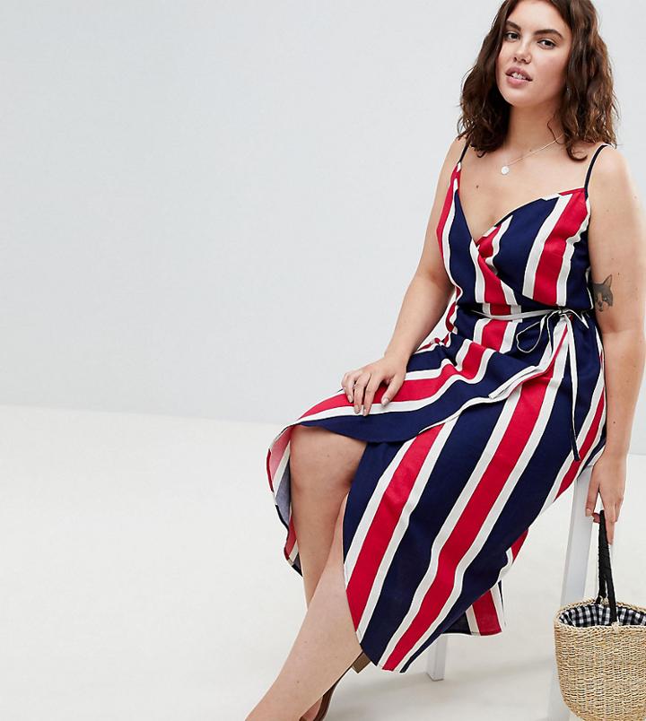 Asos Design Curve Linen Wrap Side Maxi Dress In Bold Stripe - Multi