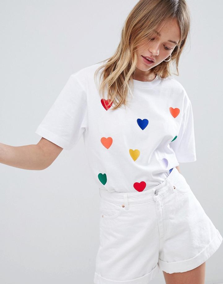Monki Rainbow Heart Embroidered Oversized Tee - White
