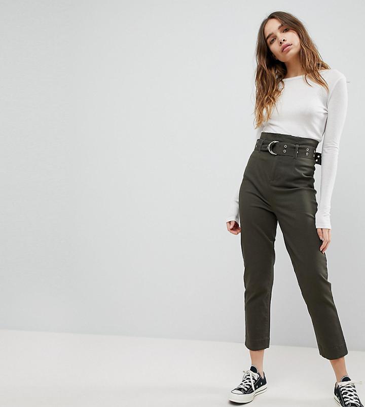 Asos Stevie High Waisted Peg Pants With Extra Long Belt In Khaki - Green