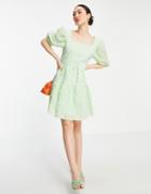 Vila Mini Tulle Smock Dress With Low Back And Bow Detail In Green