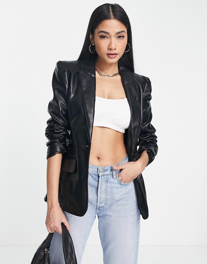 River Island Fitted Faux Leather Blazer Jacket In Black