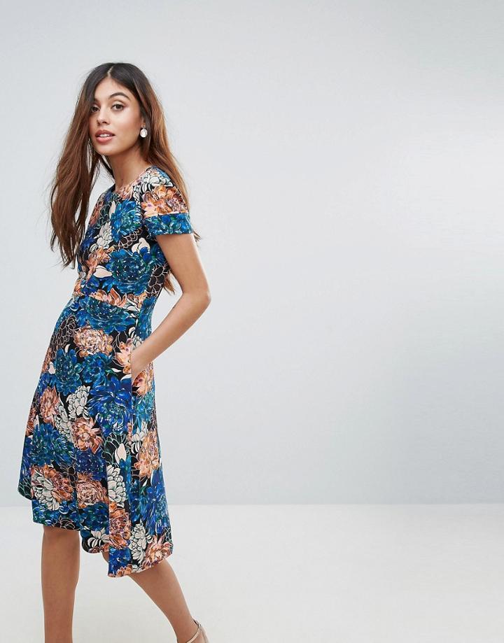 Closet Floral Cap Sleeve Low V Back Flare Dress - Multi