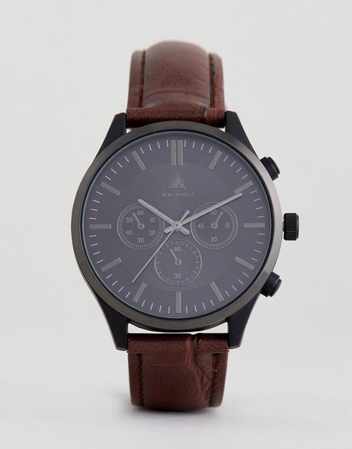 Asos Plus Leather Watch With Crocodile Emboss Strap And Contrast Black Case - Brown