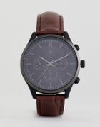 Asos Plus Leather Watch With Crocodile Emboss Strap And Contrast Black Case - Brown