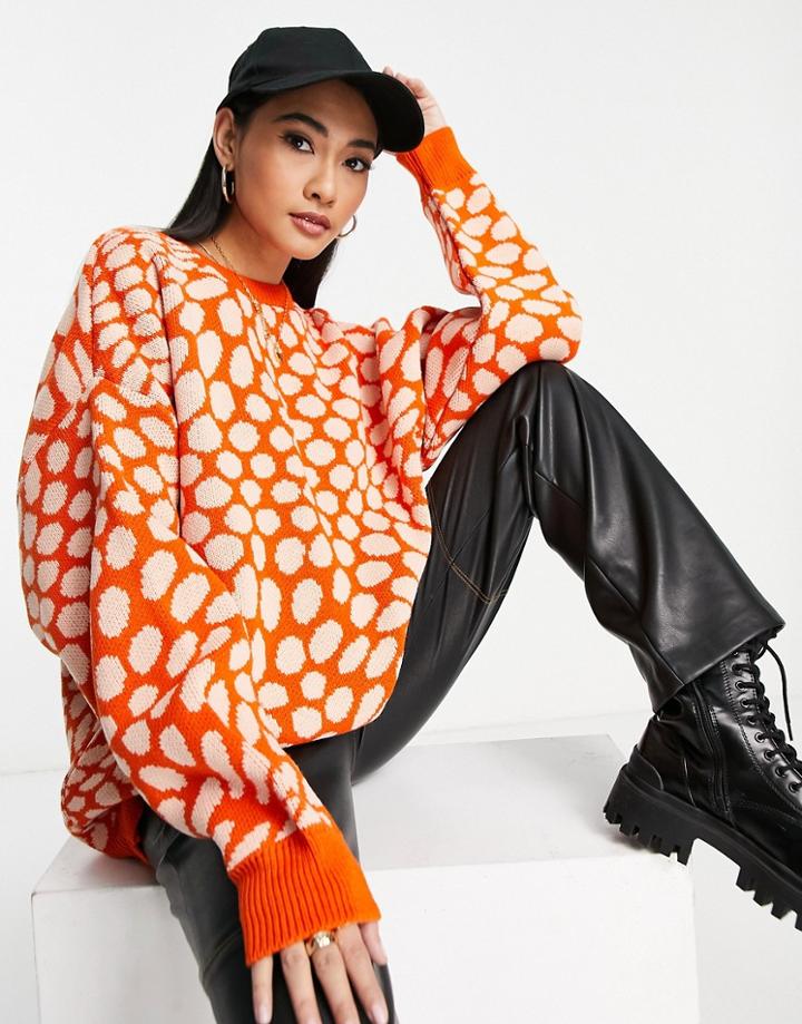 Topshop Knit Warped Dot Sweater In Orange-blue