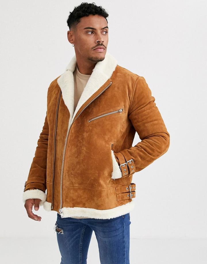 Asos Design Suede Aviator Jacket With Fur Lining In Tan