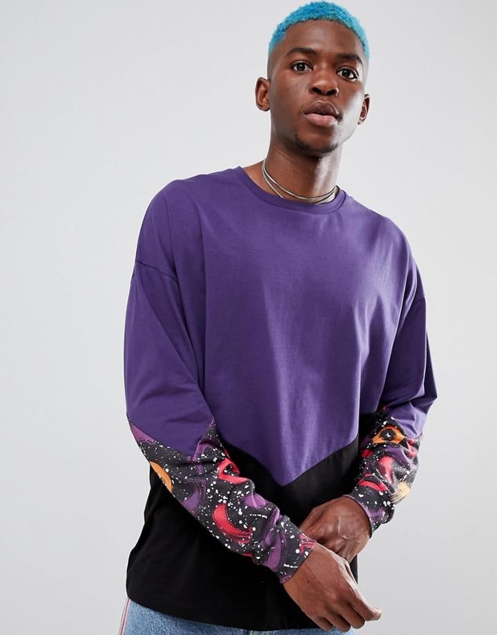 Asos Design Oversized Long Sleeve T-shirt With Retro Panel Print - Multi