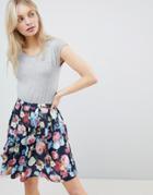 Qed London Floral Skirt Detail Skater Dress - Black