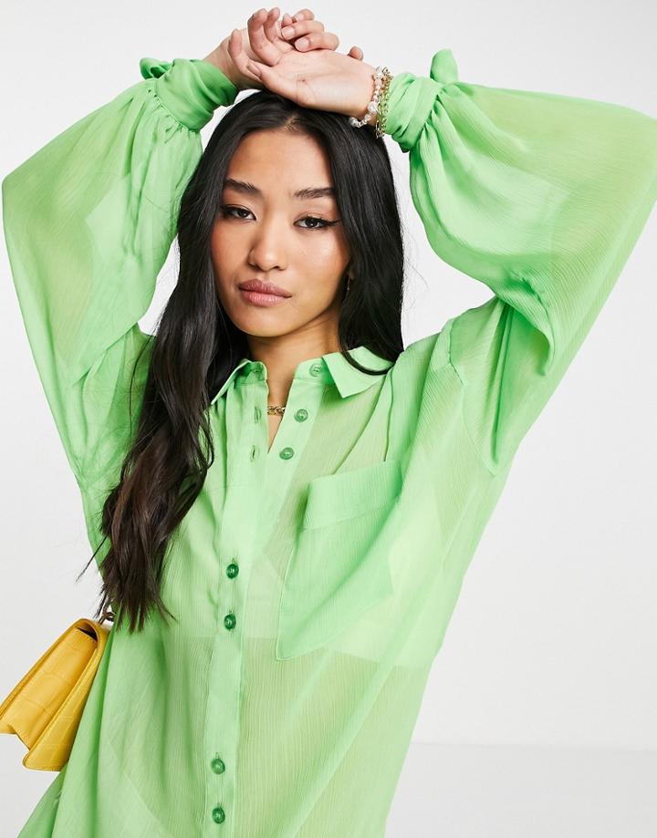 Asos Design Oversized Shirt With Tie Cuff In Washed Neon Green
