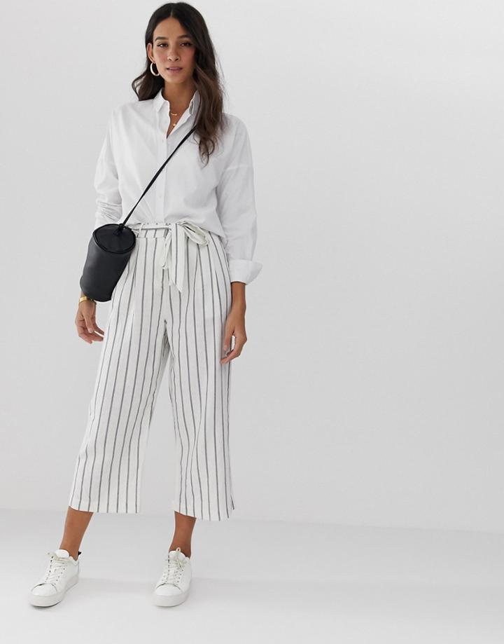 Asos Design Linen Tie Waist Culottes In Stripe - Multi
