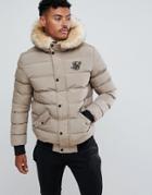 Siksilk Puffer Jacket With Fur Hood In Beige - Beige