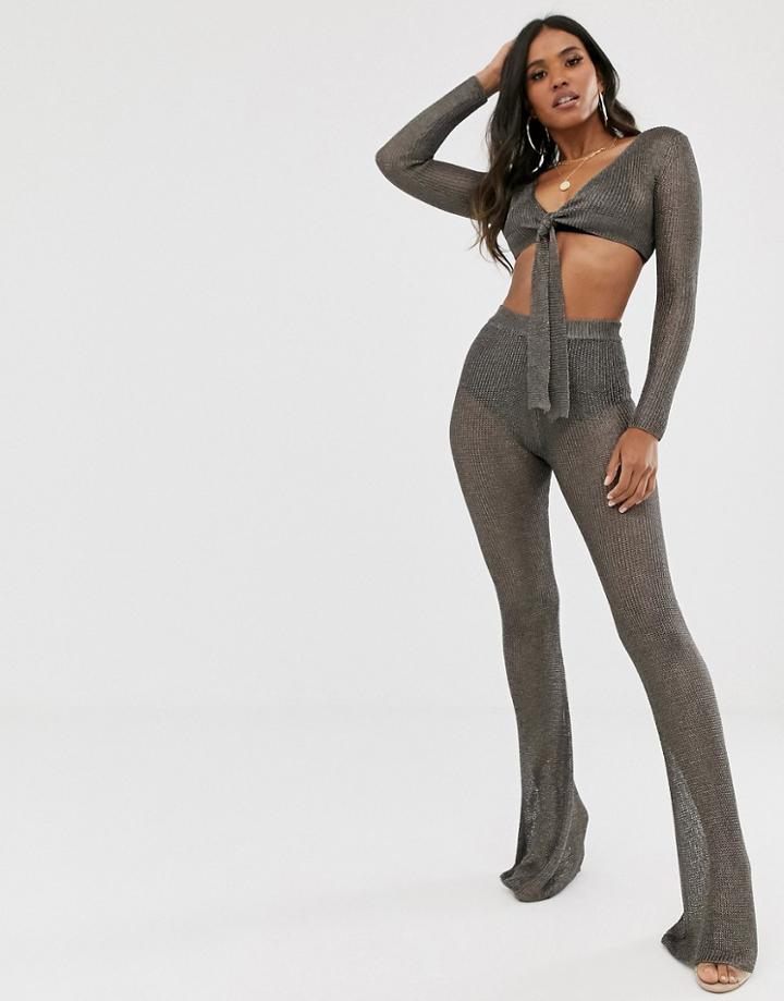Sorelle Uk Knitted Shimmer Wide Leg Pants Two-piece In Gunmetal
