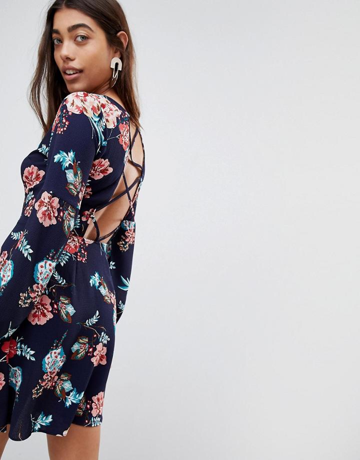 Boohoo Floral Criss-cross Back Dress - Navy