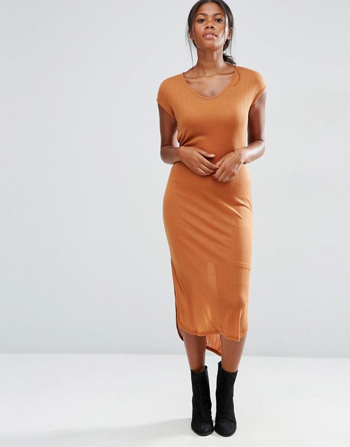 Vero Moda Jersey Ribbed Short Sleeve Midi Dress - Orange