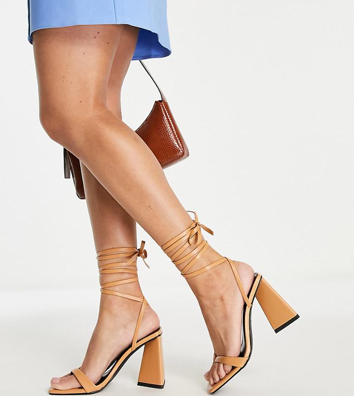 Raid Wide Fit Abhihail Tie Ankle Block Heel Sandals In Camel-neutral