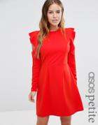 Asos Petite Skater Dress With Cold Shoulder Frill Sleeve Detail - Red