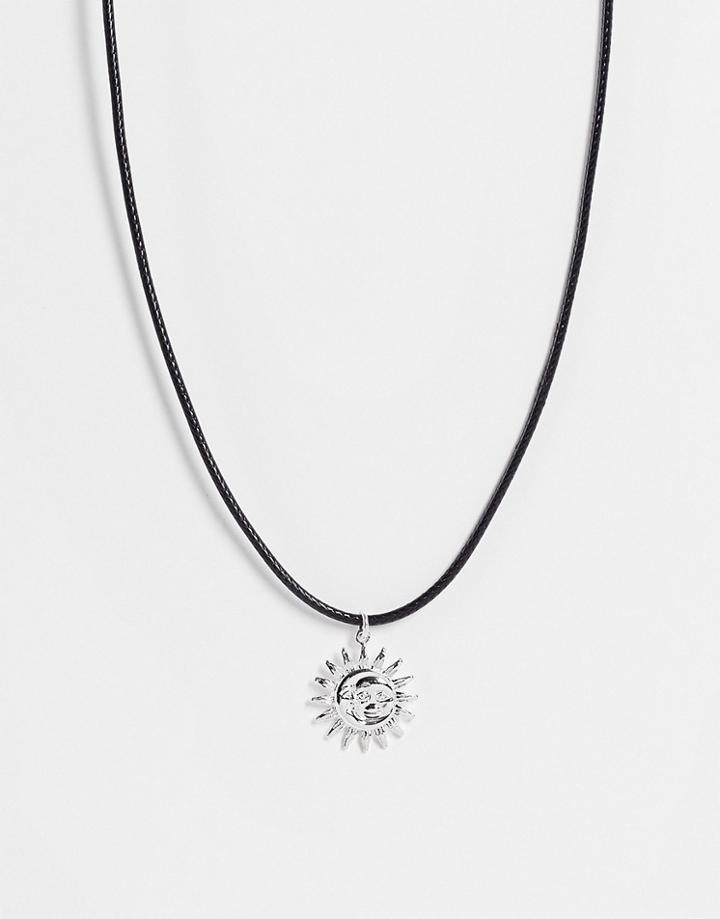 Monki Cord Sun Pendant Necklace In Silver-black