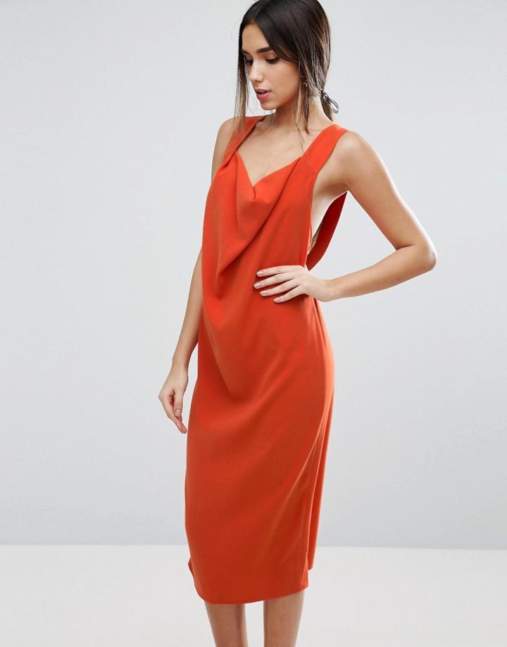 Asos Drape Cowl Front Strap Midi Dress - Orange