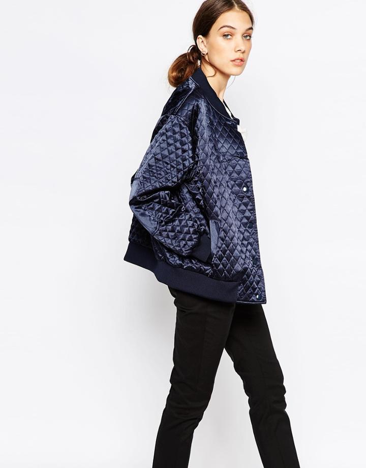 Ganni Quilted Bomber Jacket In Satin - Navy 707