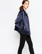 Ganni Quilted Bomber Jacket In Satin - Navy 707