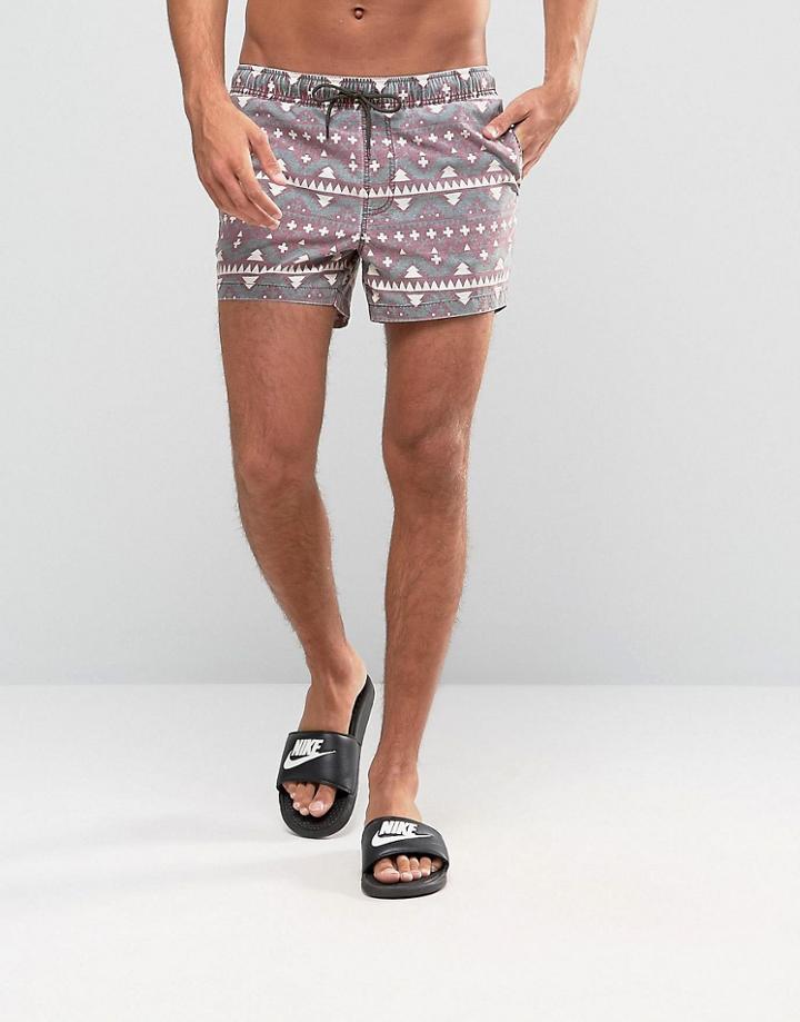 Asos Swim Shorts With Geo-tribal Print In Acid Wash Short Length - Red