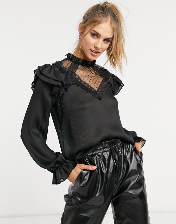 River Island Satin Lace Victoriana Blouse In Black