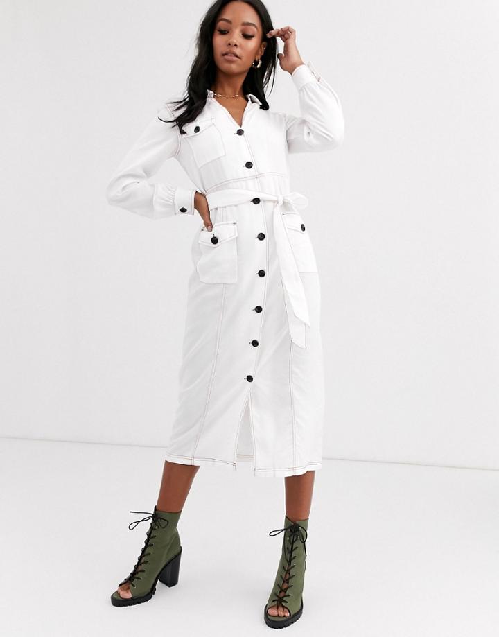 Asos Design Contrast Stitch Midi Column Shirt Dress-white