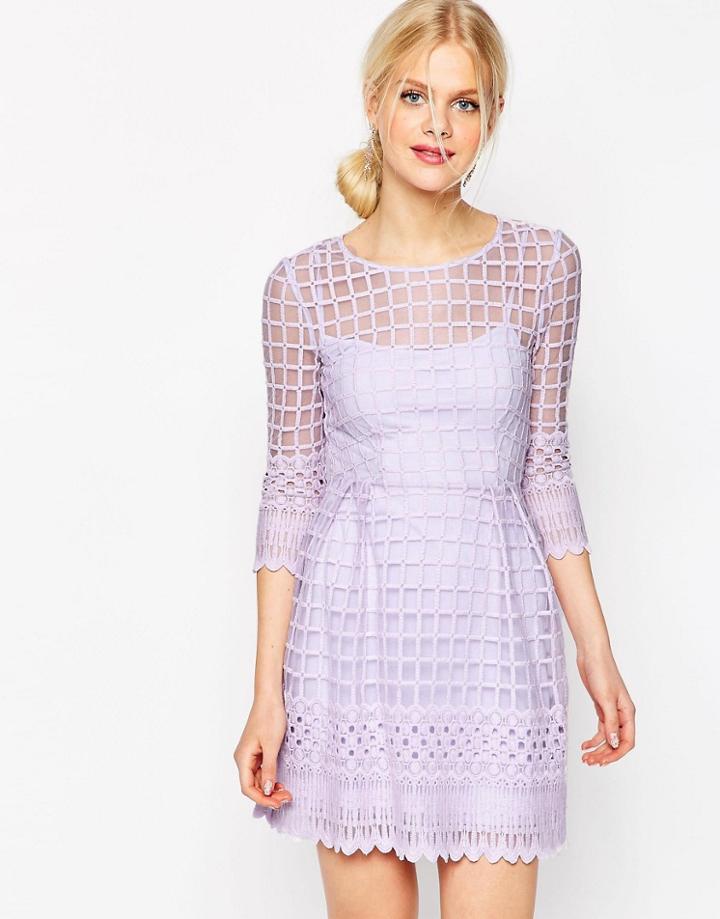 Asos Mesh Skater Dress With Embroidered Border - Lilac