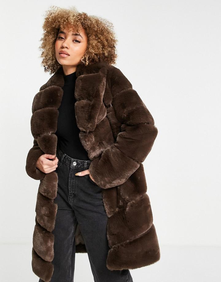 River Island Oversized Long Line Faux Fur Coat In Brown