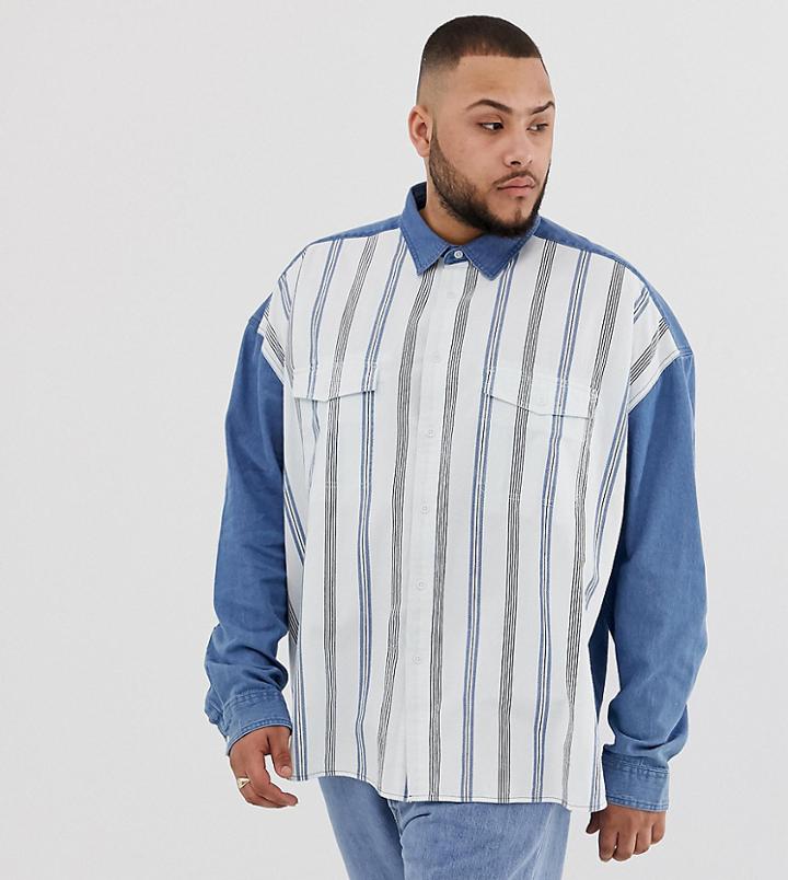 Asos Design Plus Oversized 90's Style Denim Shirt With Stripe Front - Blue