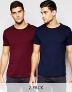 Asos T-shirt With Crew Neck In Navy And Oxblood Save 17%
