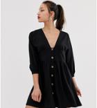 Asos Design Tall 3/4 Sleeve Smock Dress With Buttons And Waist Panel-black