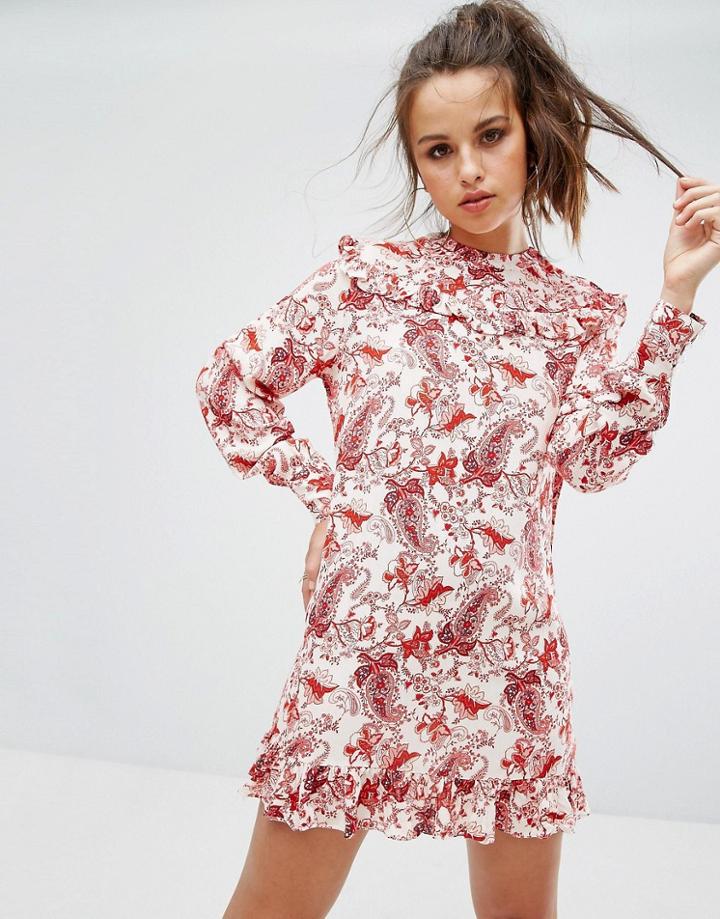 Prettylittlething Printed Cheesecloth Frill Shift Dress - Red