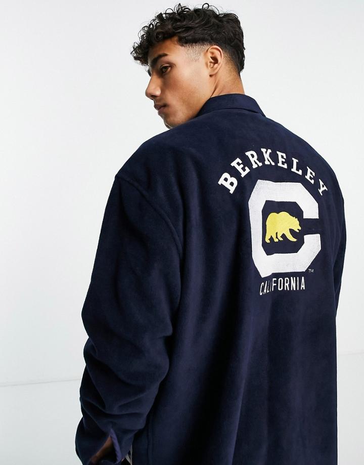 Asos Design Berkeley 90s Oversized Shirt In Fleece With Back Embroidery-navy