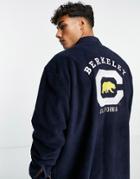 Asos Design Berkeley 90s Oversized Shirt In Fleece With Back Embroidery-navy