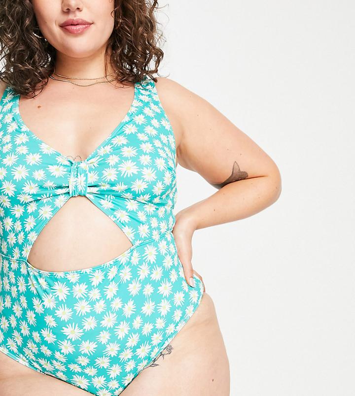 Peek & Beau Curve Exclusive Tie Front Cut Out Swimsuit In Green Texture